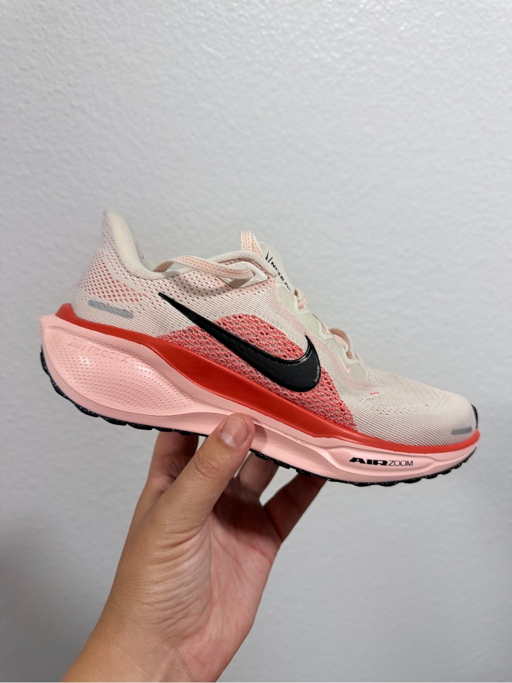 Nike Women’s Cream and Pink Air Zoom Running Sneakers with Black Swoosh